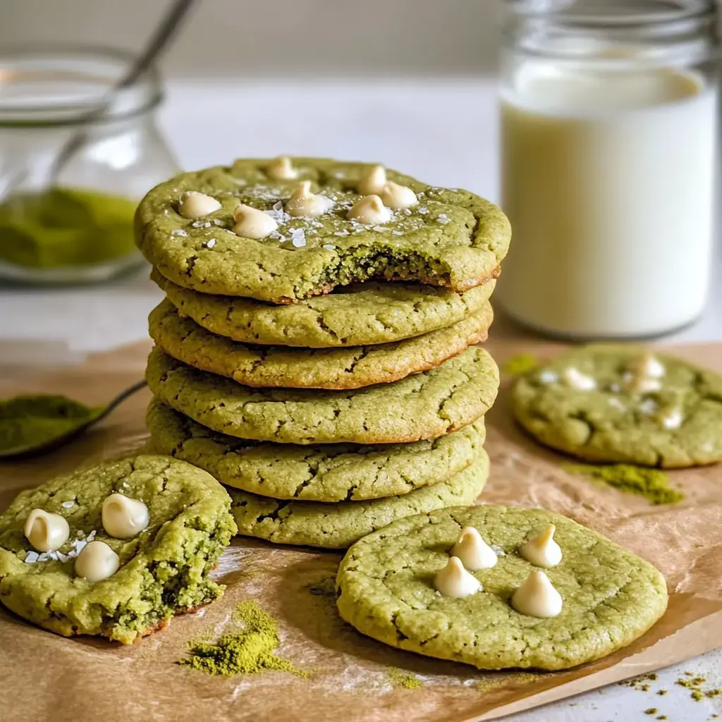 Ein Stapel matcha-grüner Kekse mit weißen Schokoladenstückchen und einem Glas Milch im Hintergrund.