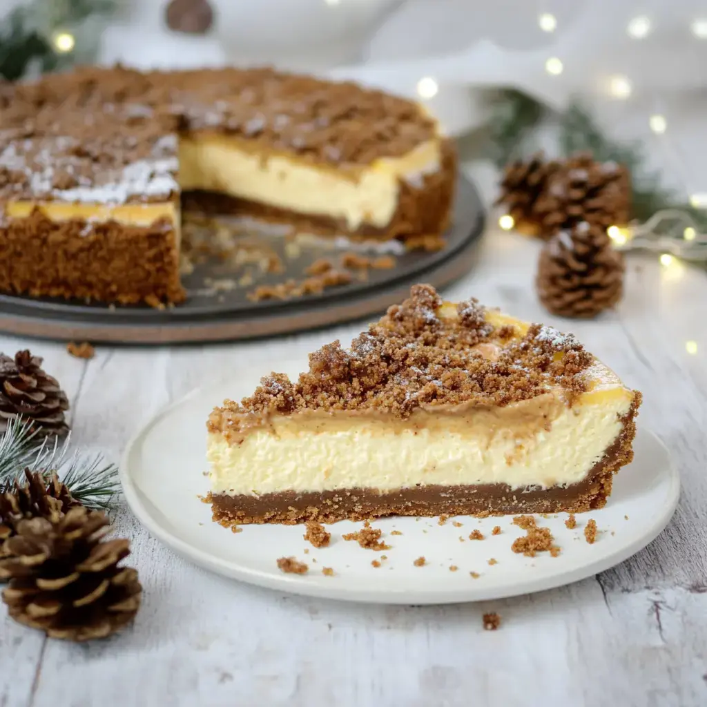 Ein Stück Käsekuchen mit Streuseln, dekoriert mit Tannenzapfen und Lichtern im Hintergrund.