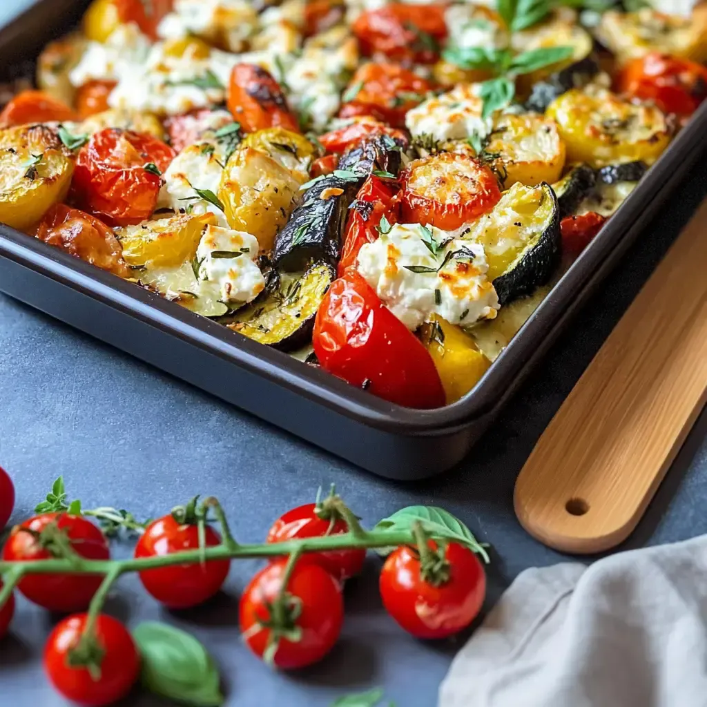 Ein Blech mit geröstetem Gemüse, darunter Zucchini, Tomaten und Feta, garniert mit frischen Kräutern.