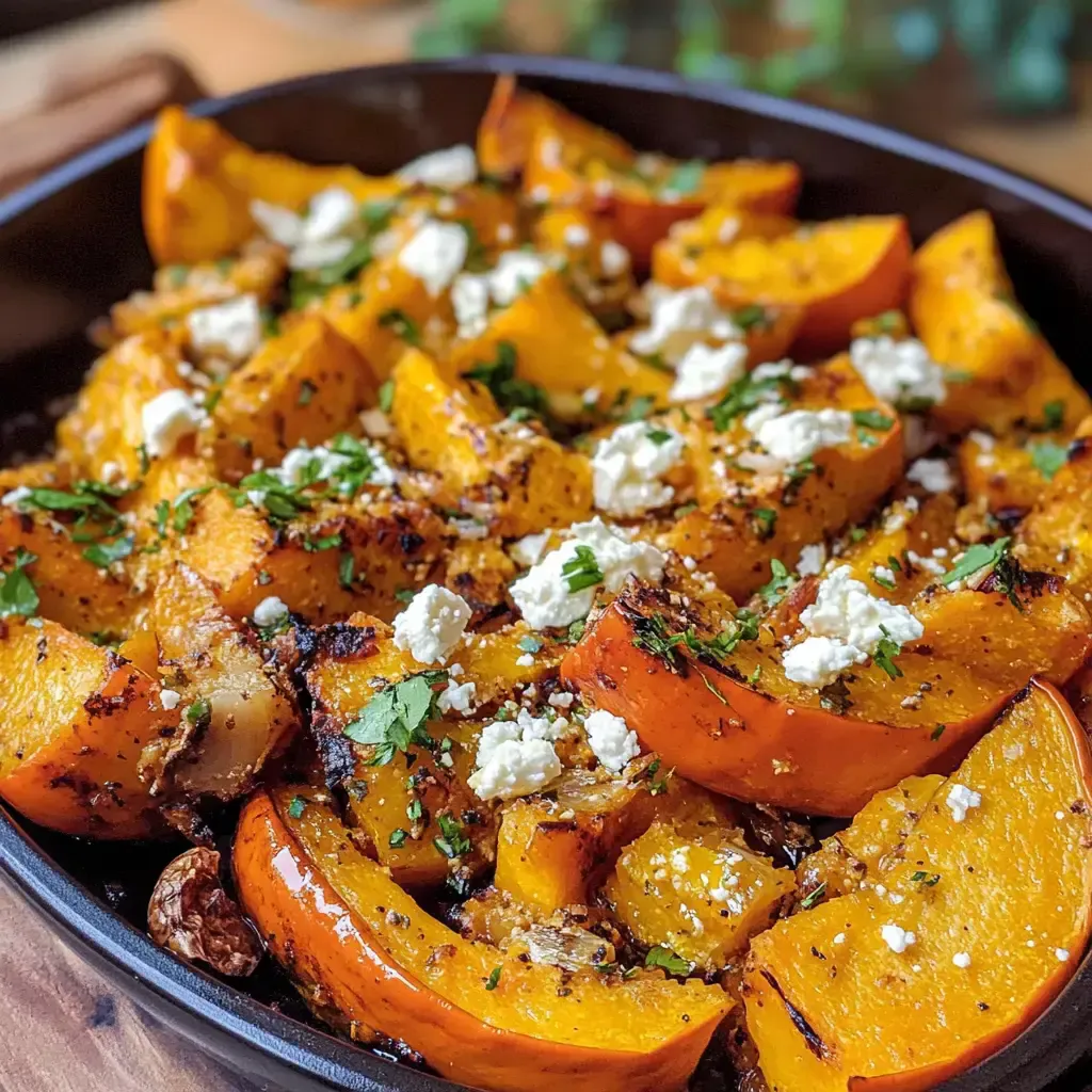 Gerösteter Kürbis mit Feta und frischen Kräutern in einer Schüssel.