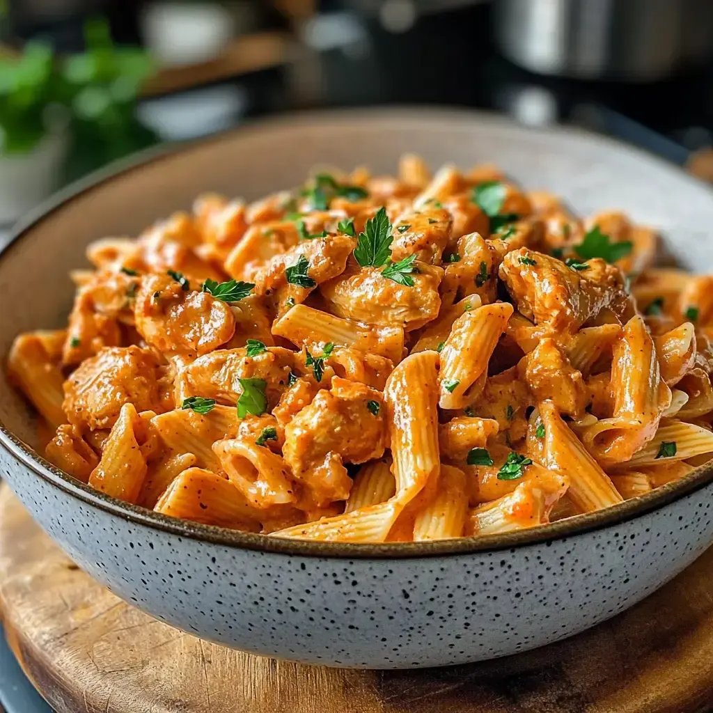Ein Teller mit Pasta in einer cremigen Sauce, garniert mit frischer Petersilie.