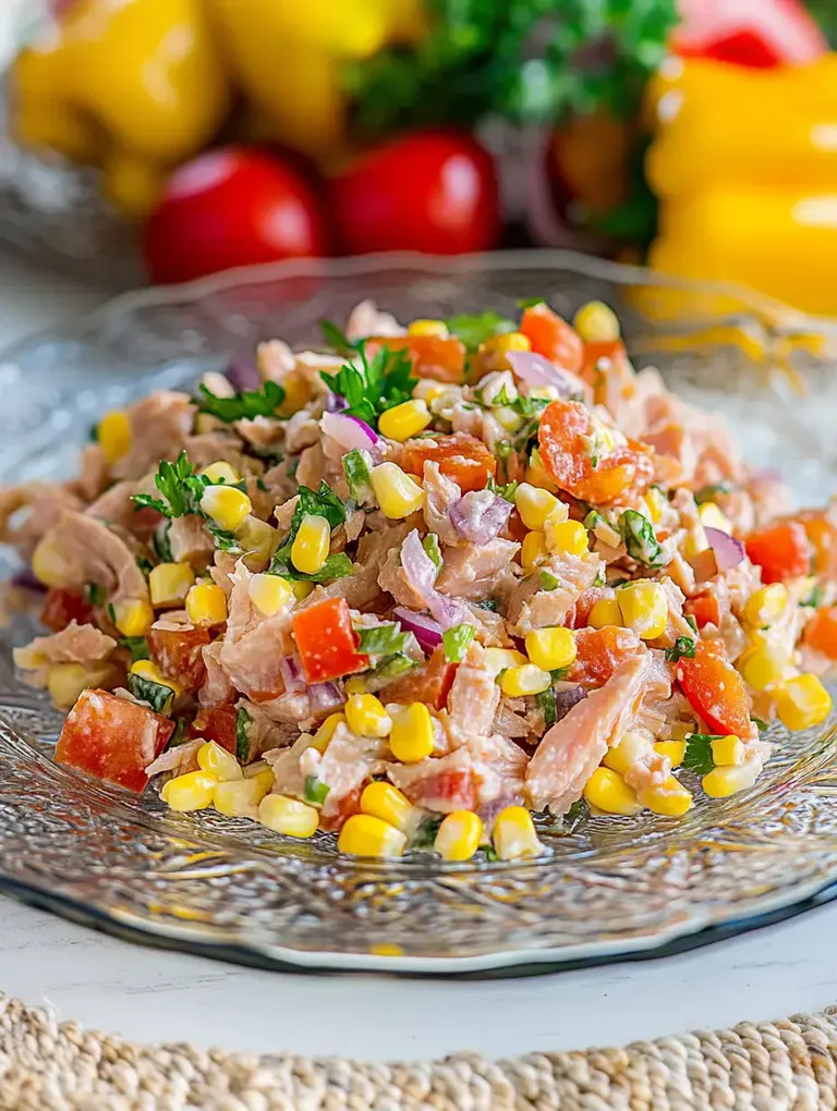 Ein bunter Salat aus Thunfisch, Mais, Tomaten, Zwiebeln und frischen Kräutern auf einem dekorativen Teller.