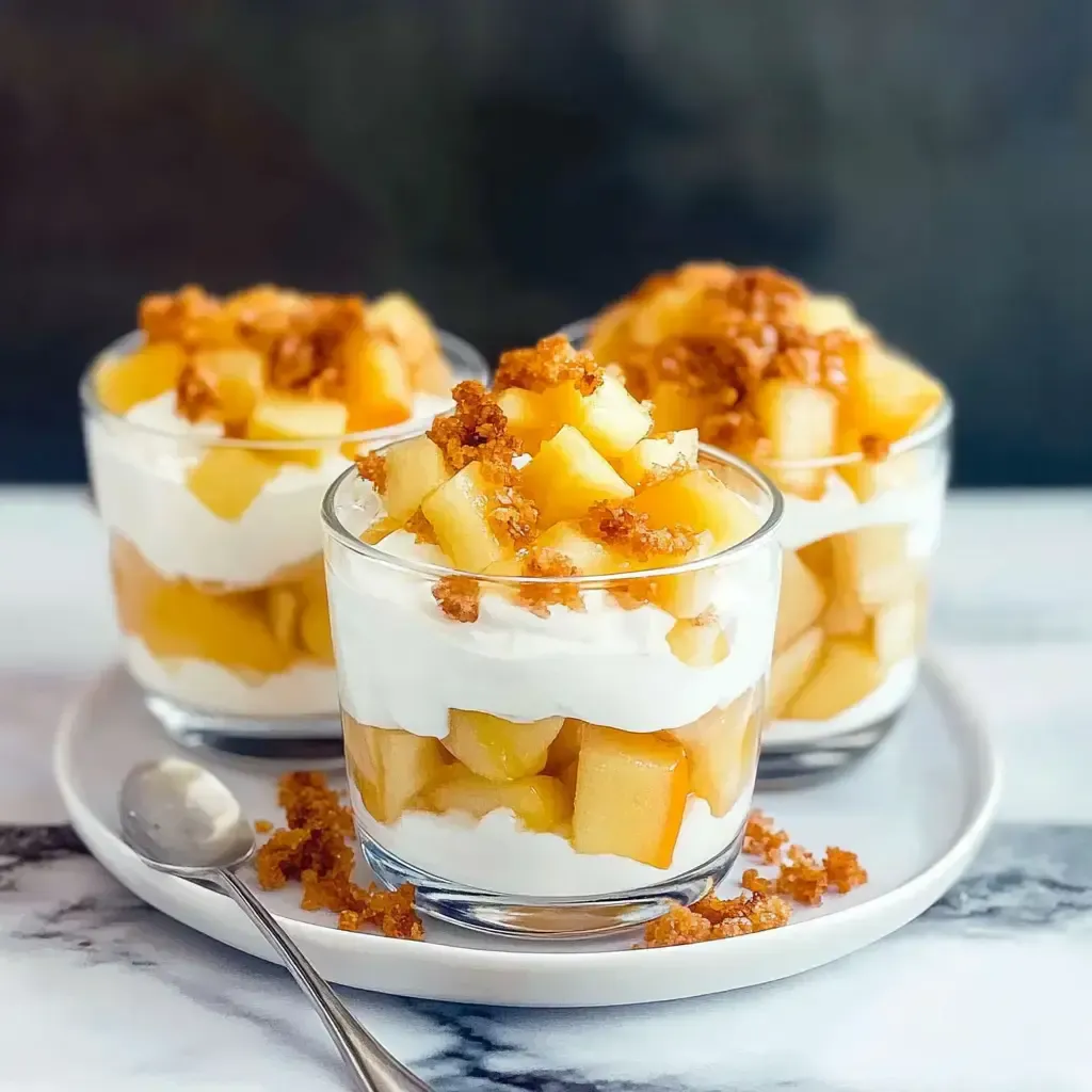 Drei Gläser Dessert mit Schichten aus frischen Äpfeln, Sahne und Keksbröseln.