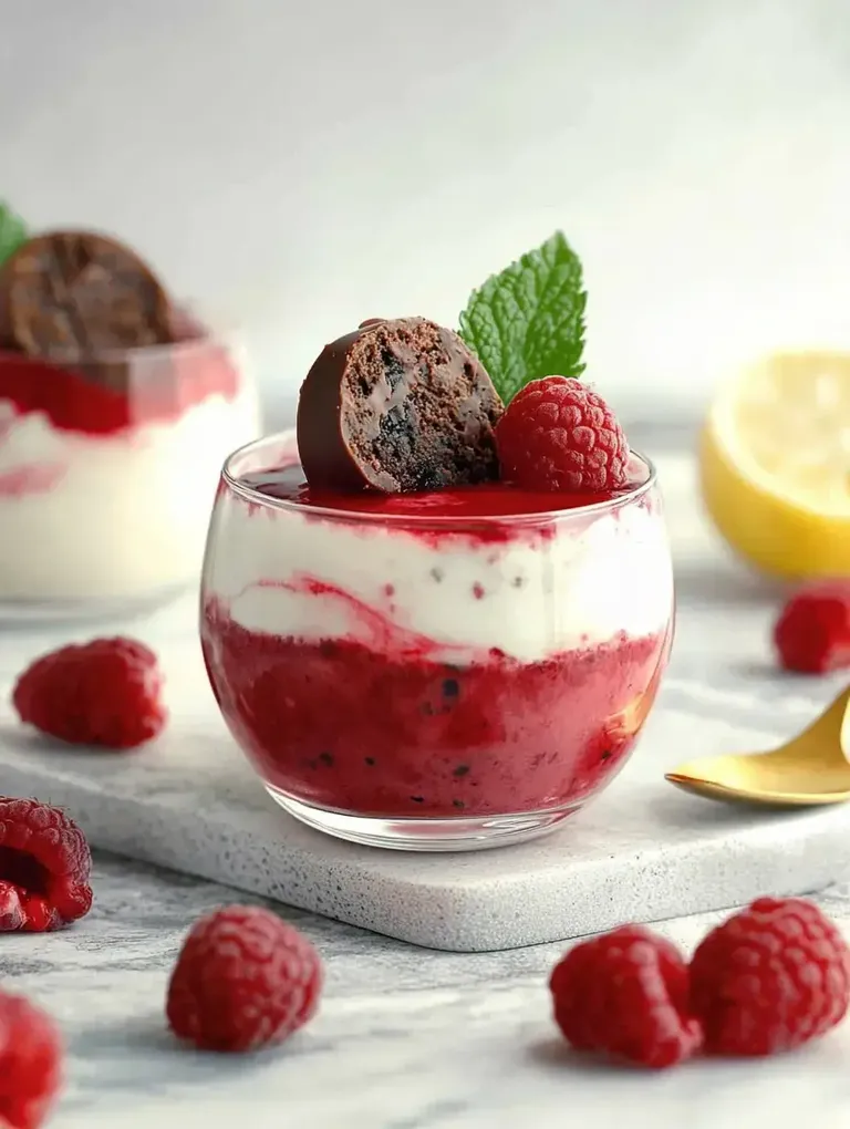 Ein Glas Dessert mit einer Schichtung aus Himbeersauce und einer cremigen weißen Schicht, garniert mit einer Himbeere, einem Schokoladenstück und einem Minzblatt, liegt auf einem grauen Untersetzer.