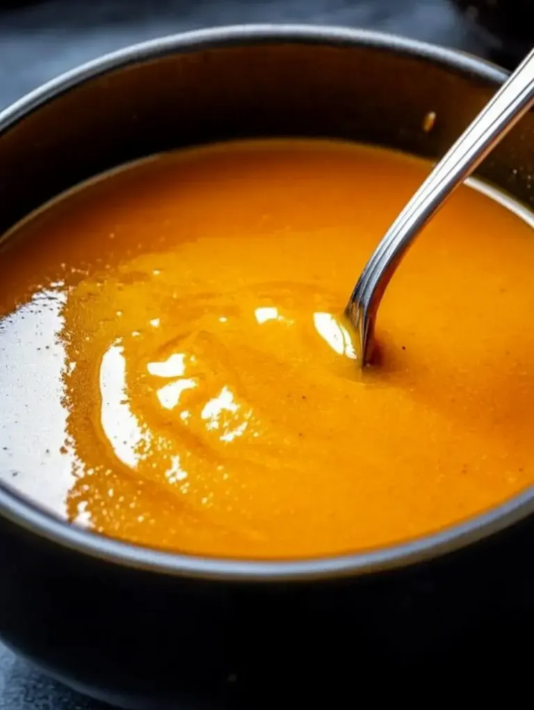 Eine Schüssel mit glatter, orangefarbener Sauce und einem Löffel darin.