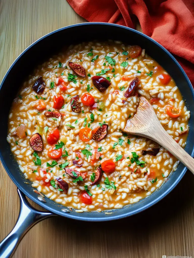 Ein Risotto mit Cherrytomaten und gehacktem Koriander in einer Pfanne.