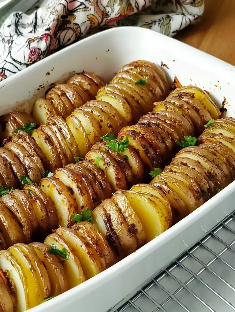 Ein gratinierter Auflauf aus in Scheiben geschnittenen Kartoffeln, die goldbraun und mit grüner Petersilie garniert sind.
