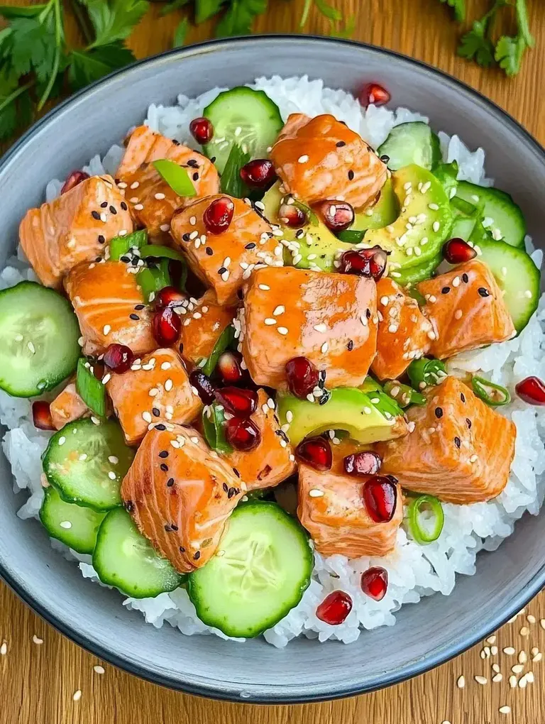 Eine Schüssel mit Sushi-Reis, mariniertem Lachs, Gurkenscheiben, Granatapfelkernen und Frühlingszwiebeln, garniert mit schwarzem und weißem Sesam.