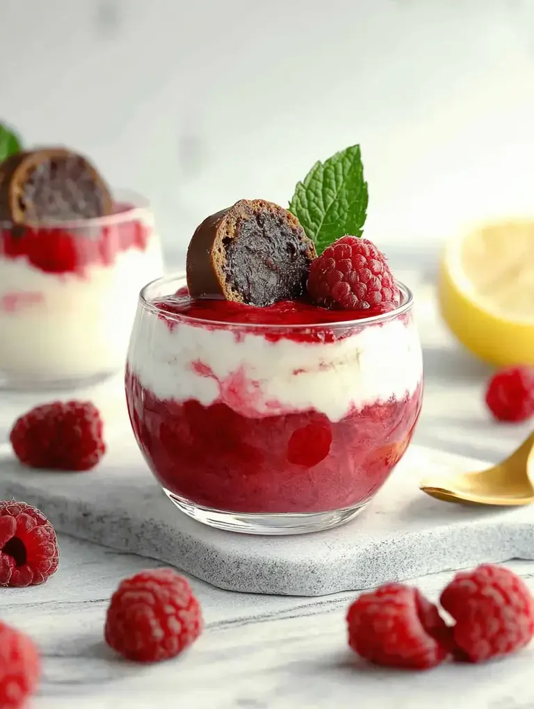Ein Dessertglas mit Schichten aus Himbeermousse, Sahne und einem Stück Schokolade, garniert mit frischen Himbeeren und Minze.