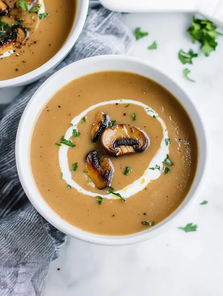 Eine Schüssel cremige Suppe mit Champignons, einem Sahnehäubchen und frischen Kräutern, serviert auf einem hellen Untergrund.