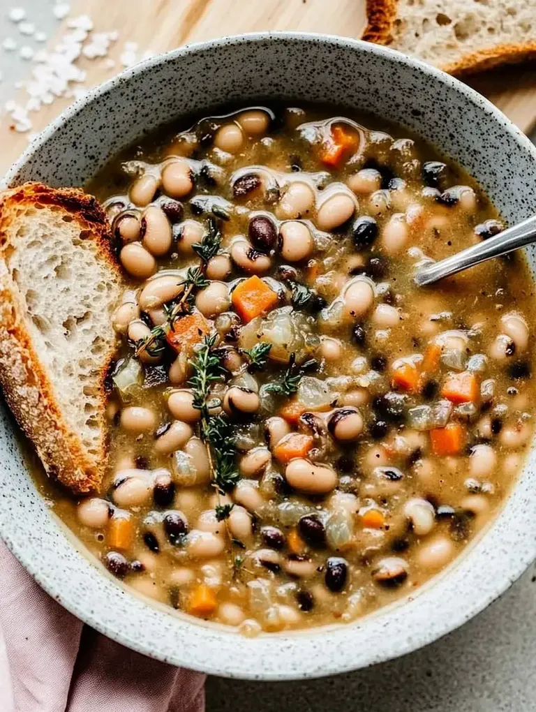 Eine Schüssel mit einer herzhaften Bohnensuppe, garniert mit frischem Thymian und serviert mit einer Scheibe Brot.
