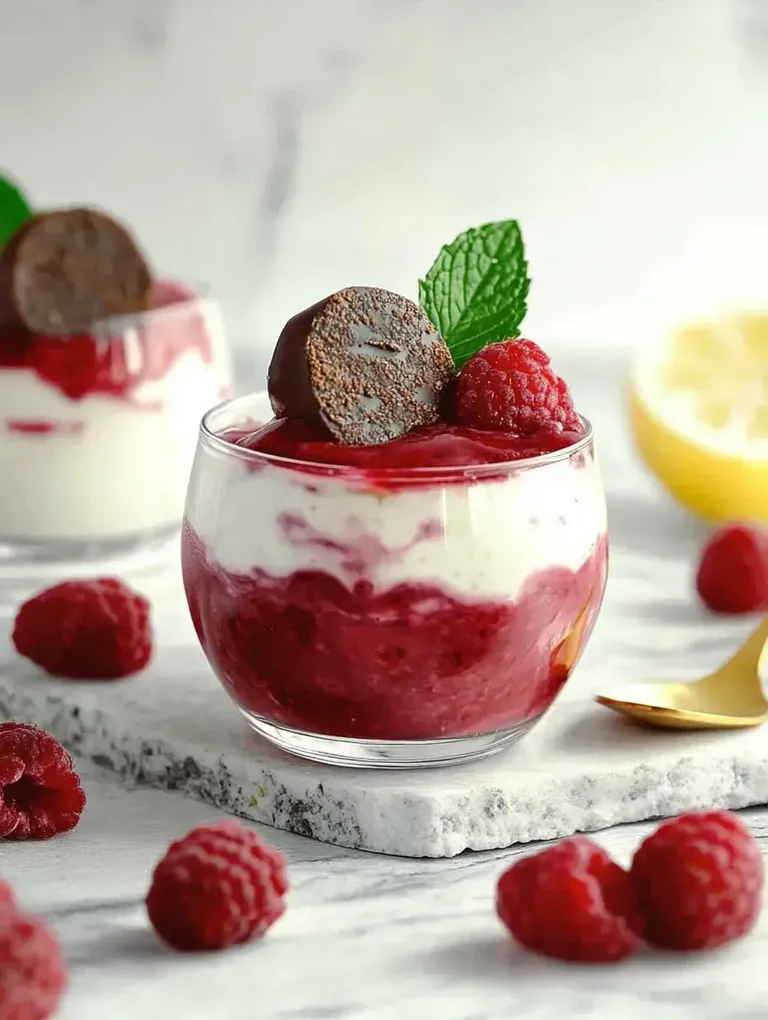 Ein Glas mit einem himbeerfarbenen Dessert, geschichtet mit Sahne, garniert mit einer Himbeere, einem Schokoladenstück und einem Minzblatt, steht auf einem marmorierten Untergrund.