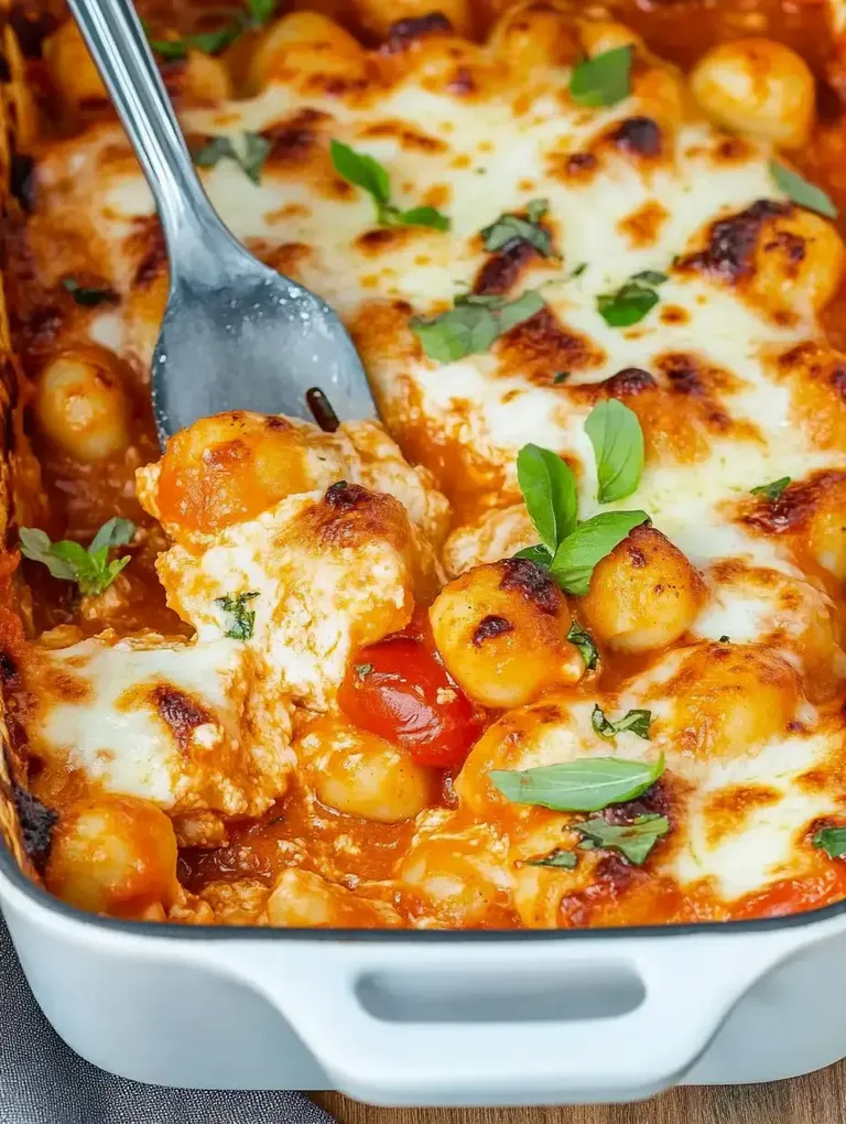 Ein Auflauf mit Gnocchi, Tomatensauce, geschmolzenem Käse und frischen Kräutern.