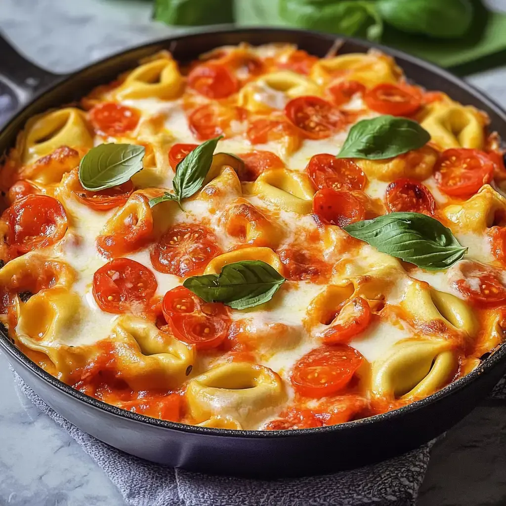 Ein Gericht aus Tortellini, überbacken mit Tomatensauce, Mozzarella und frischen Basilikumblättern.