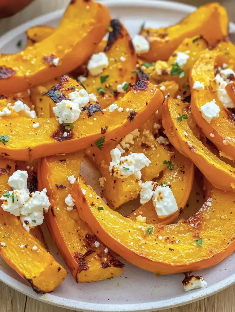 Geröstete Kürbisscheiben mit zerbröckeltem Feta und frischer Petersilie auf einem weißen Teller.
