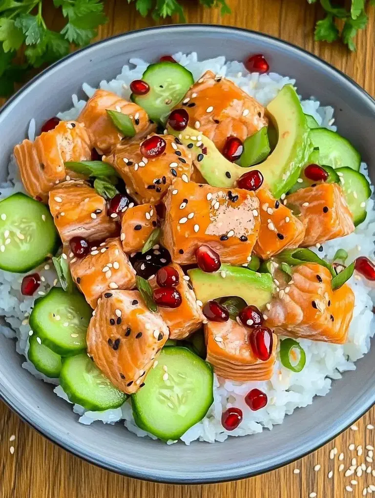 Eine Schüssel mit Reis, marinierter Lachs, Gurkenscheiben, Granatapfelkernen und Sesam, garniert mit Frühlingszwiebeln.