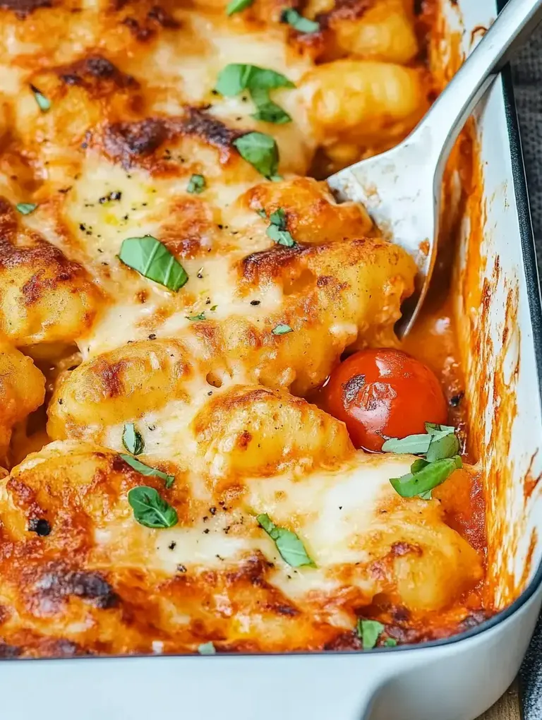 Ein Auflauf mit Gnocchi, Tomaten und geschmolzenem Käse, garniert mit frischen Kräutern.