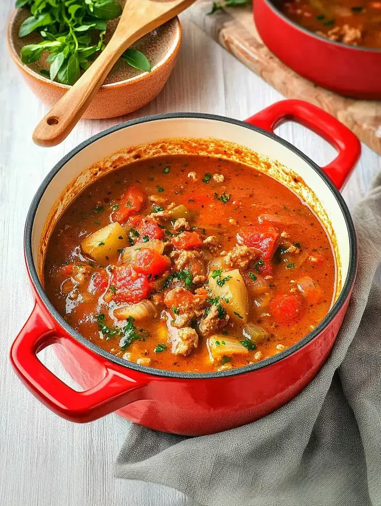 Ein roter Topf mit herzhaftem Eintopf, der Gemüse und Fleisch enthält, steht auf einem Tisch, daneben ein Schälchen mit frischen Kräutern.