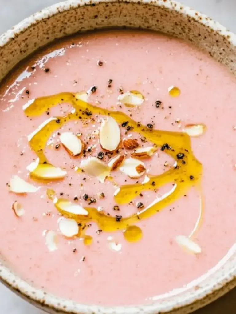 Eine Schüssel mit rosa Suppe, garniert mit Olivenöl, gehobelten Mandeln und schwarzen Pfefferkörnern.