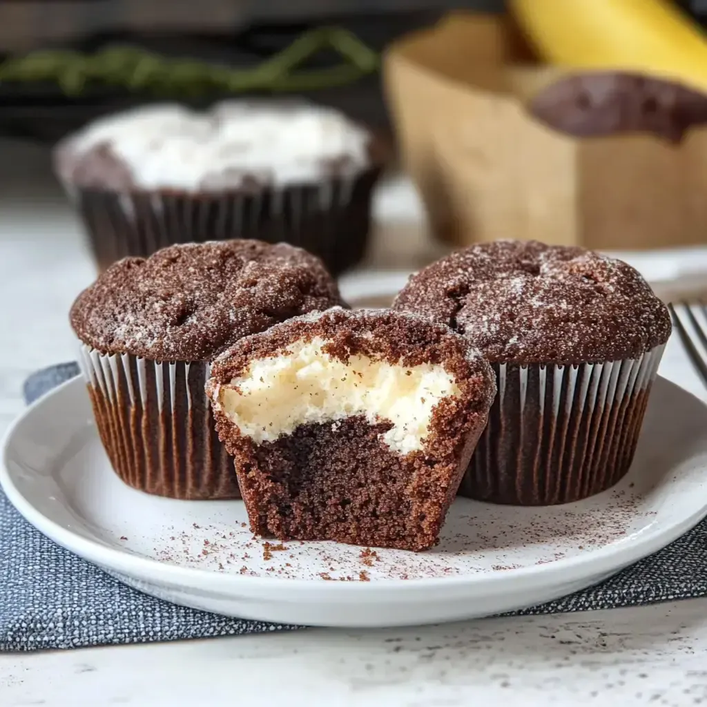 Auf dem Bild sind drei Schokoladenmuffins zu sehen, von denen einer auf einem Teller durchschnitten ist, um die füllige, cremige Füllung zu zeigen.