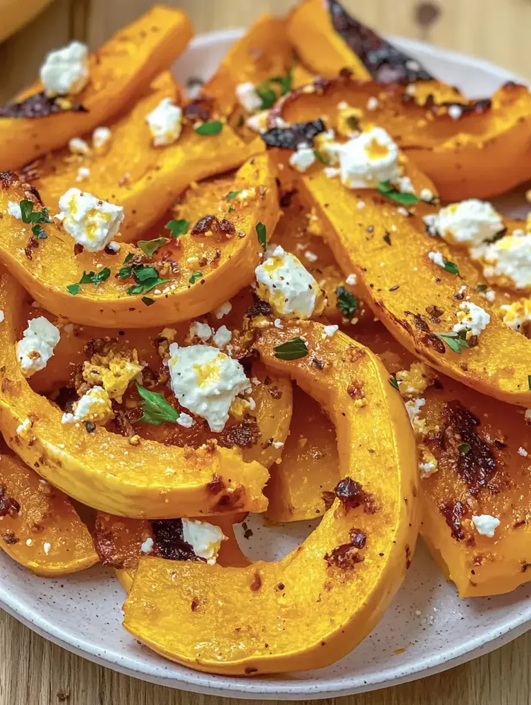 Geröstete Kürbisspalten, garniert mit zerbröckeltem Feta-Käse und frischen Kräutern auf einem weißen Teller.