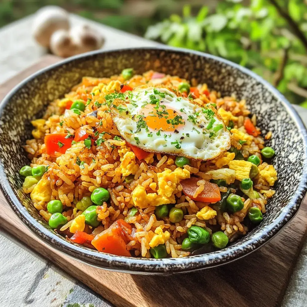 Eine Schüssel mit gebratenem Reis, garniert mit einem Spiegelei und frischen Kräutern, umgeben von Erbsen und Paprika.