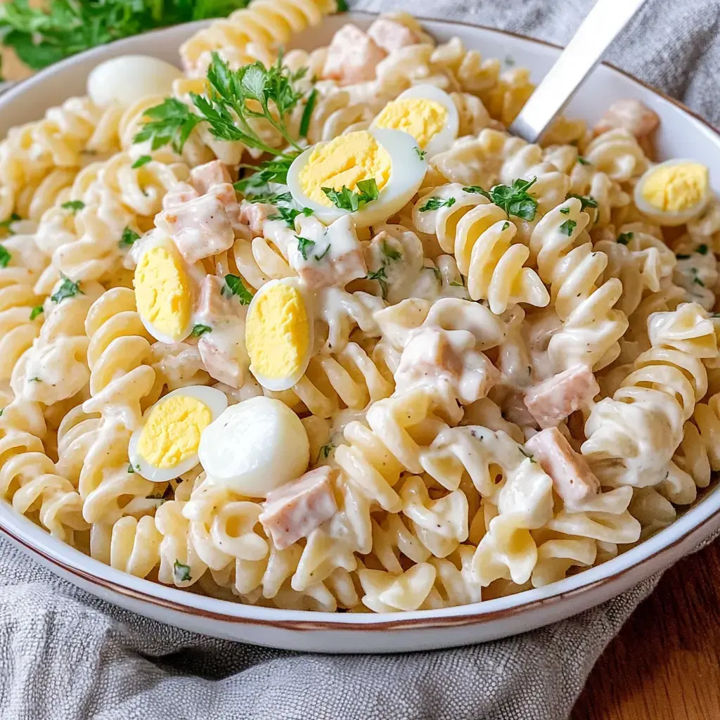 Ein Teller mit fusilli Pasta in einer cremigen Sauce, garniert mit geschnittenem Ei, Schinkenstücken und frischer Petersilie.