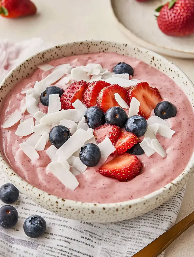 Eine Schüssel mit cremigem Joghurt, garniert mit frischen Erdbeeren, blauen Beeren und Kokosflocken.