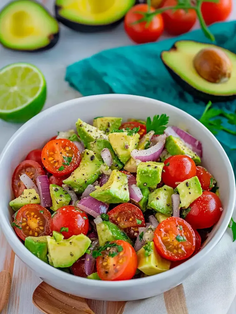 Eine Schüssel mit frischem Salat aus Avocado, Kirschtomaten, roten Zwiebeln und Kräutern.