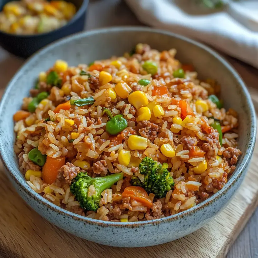 Eine Schüssel mit gebratenem Reis, Hackfleisch und buntem Gemüse wie Karotten, Erbsen, Brokkoli und Mais.