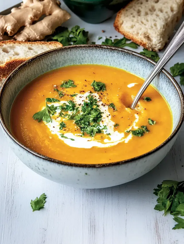 Eine Schüssel mit cremiger, orangefarbener Suppe, garniert mit frischem Koriander und einem Schuss Sahne, umgeben von Ingwer und Brotstücken.