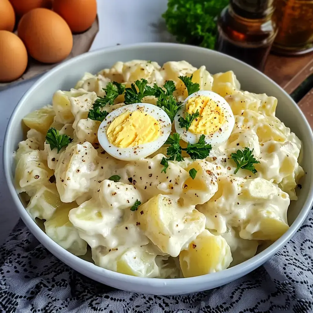 Ein Teller Kartoffelsalat mit Mayonnaise, garniert mit zwei halben gekochten Eiern und frischer Petersilie, im Hintergrund Eier und Öl.