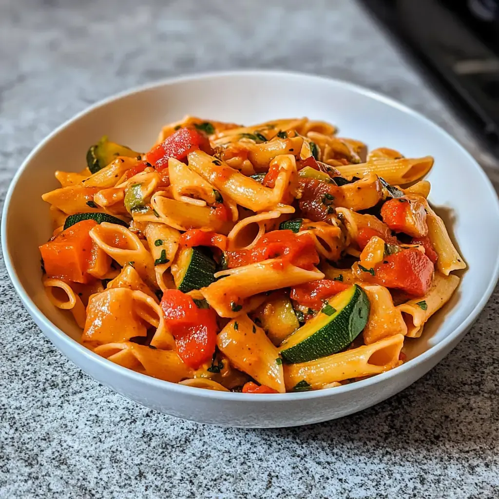 Ein Teller mit Pasta, Gemüse und Tomatensauce in einer weißen Schüssel.