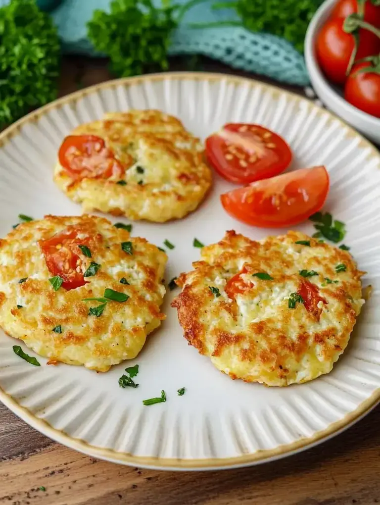Drei goldbraune Kürbis-Puffer mit frischen Tomatenscheiben und gehackter Petersilie auf einem Teller.