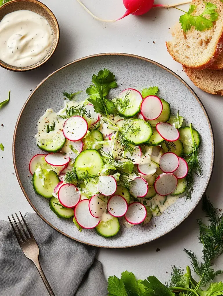 Ein bunter Salat aus Gurken und Radieschen, garniert mit Dill und Koriander, serviert mit einer cremigen Sauce.