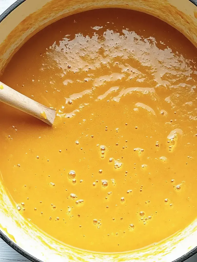 Ein Topf mit cremiger, orangefarbener Suppe und einem Holzlöffel darin.