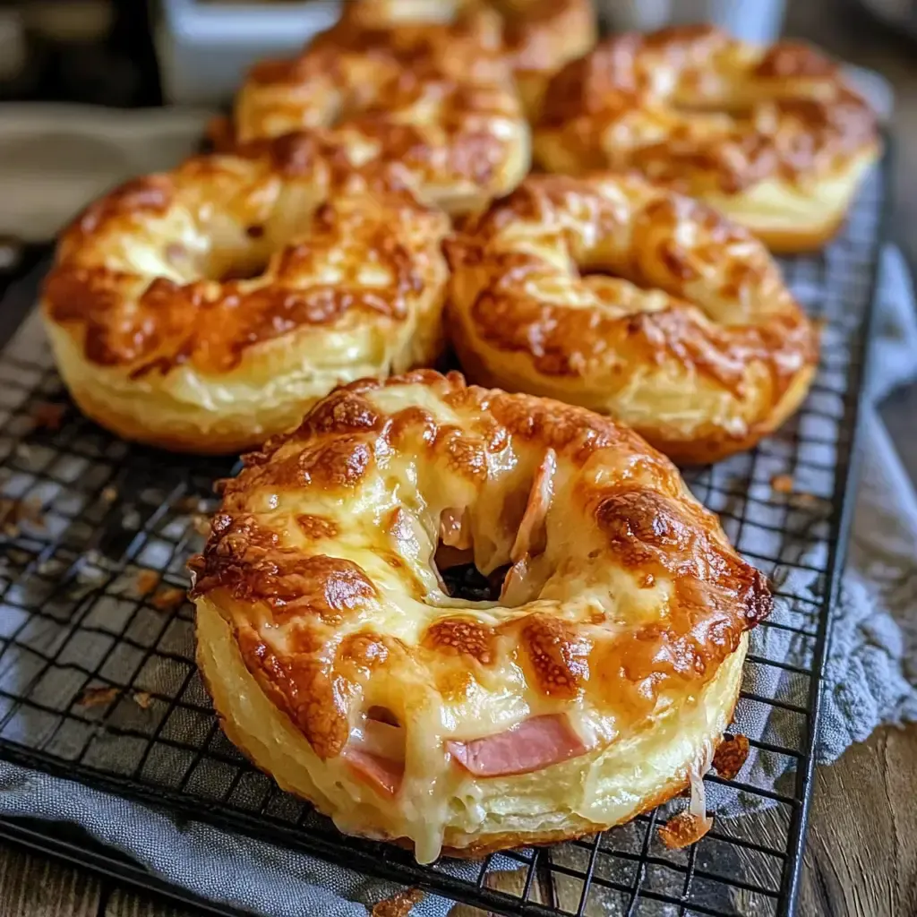 Eine Reihe von goldbraunen Käsedönuts auf einem Kuchengitter, gefüllt mit Schinkenscheiben und geschmolzenem Käse.