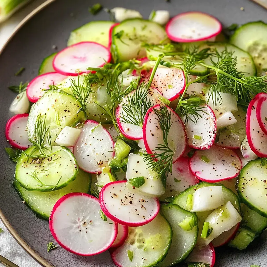Ein frischer Salat aus Radieschen, Gurken und Dill in einer Schüssel.