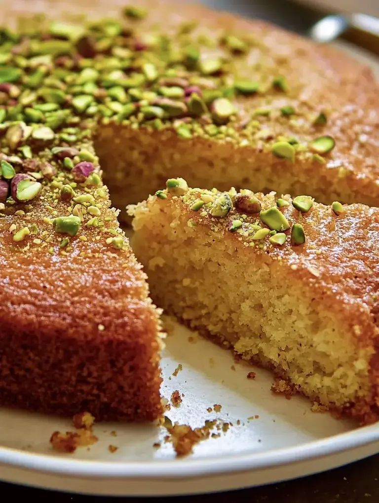 Ein Stück Kuchen mit einer goldbraunen Oberfläche und gehackten Pistazien auf der Oberseite, wobei ein Teil des Kuchens bereits herausgeschnitten wurde.