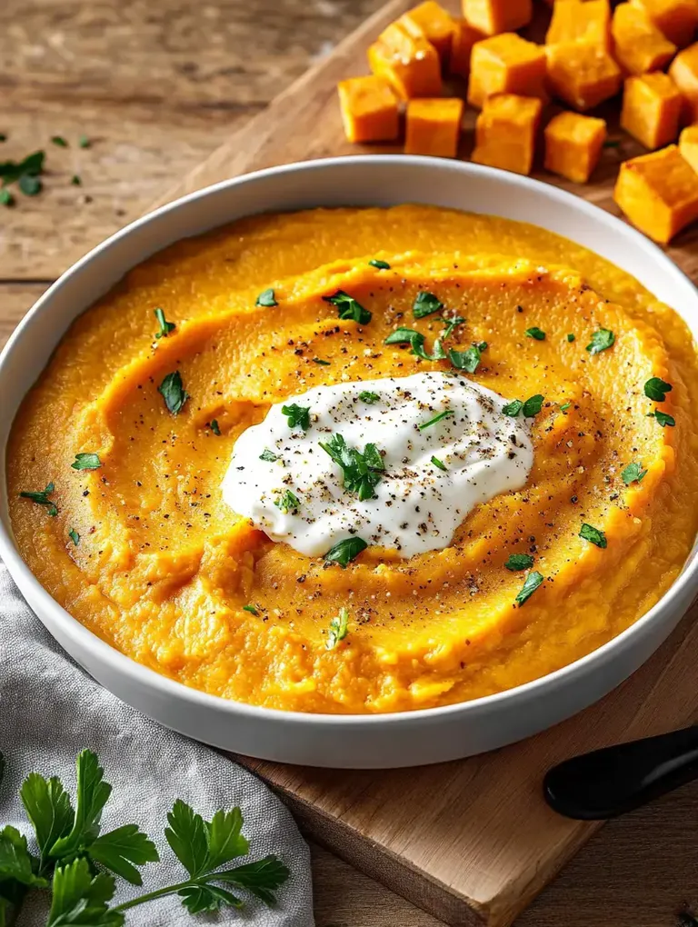 Ein cremiges Kürbispüree mit einem Klecks saurer Sahne und frischen Kräutern, serviert mit gewürfeltem Kürbis.