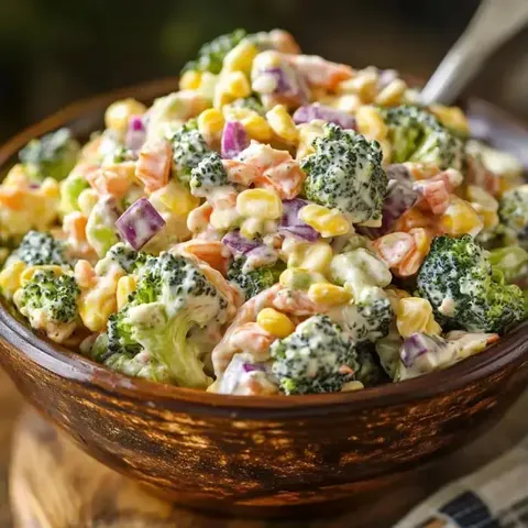 Eine Schüssel mit bunter Brokkoli-Corn-Salat-Mischung in einer Holzschale.