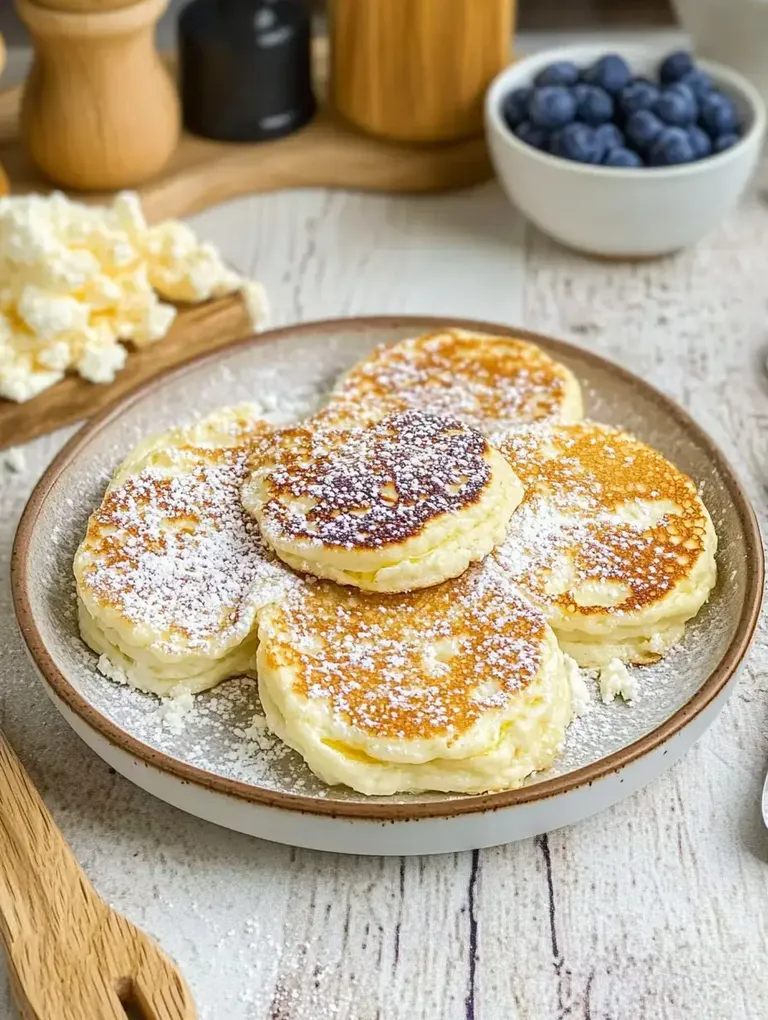 Ein Teller mit fluffigen Pfannkuchen, bestreut mit Puderzucker, neben einer Schüssel mit Heidelbeeren und Quark.