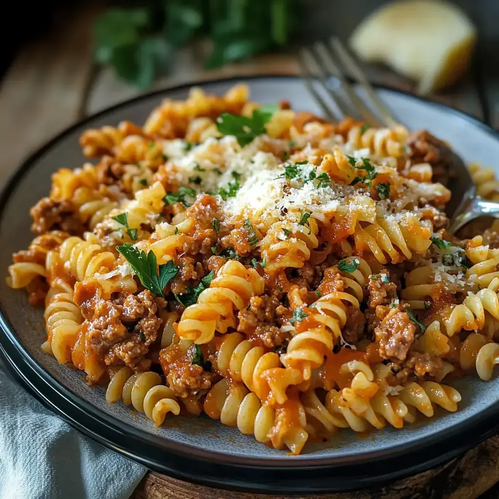 Ein Teller mit gedrehten Nudeln, Fleischsoße, frischem Parmesan und Petersilie, serviert auf einem rustikalen Holzuntergrund.