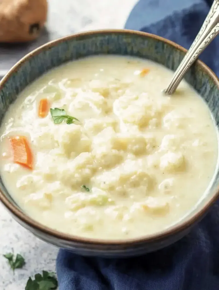Eine Schüssel cremige Suppe mit kleinen Klößchen, Karottenstücken und frischem Koriander.
