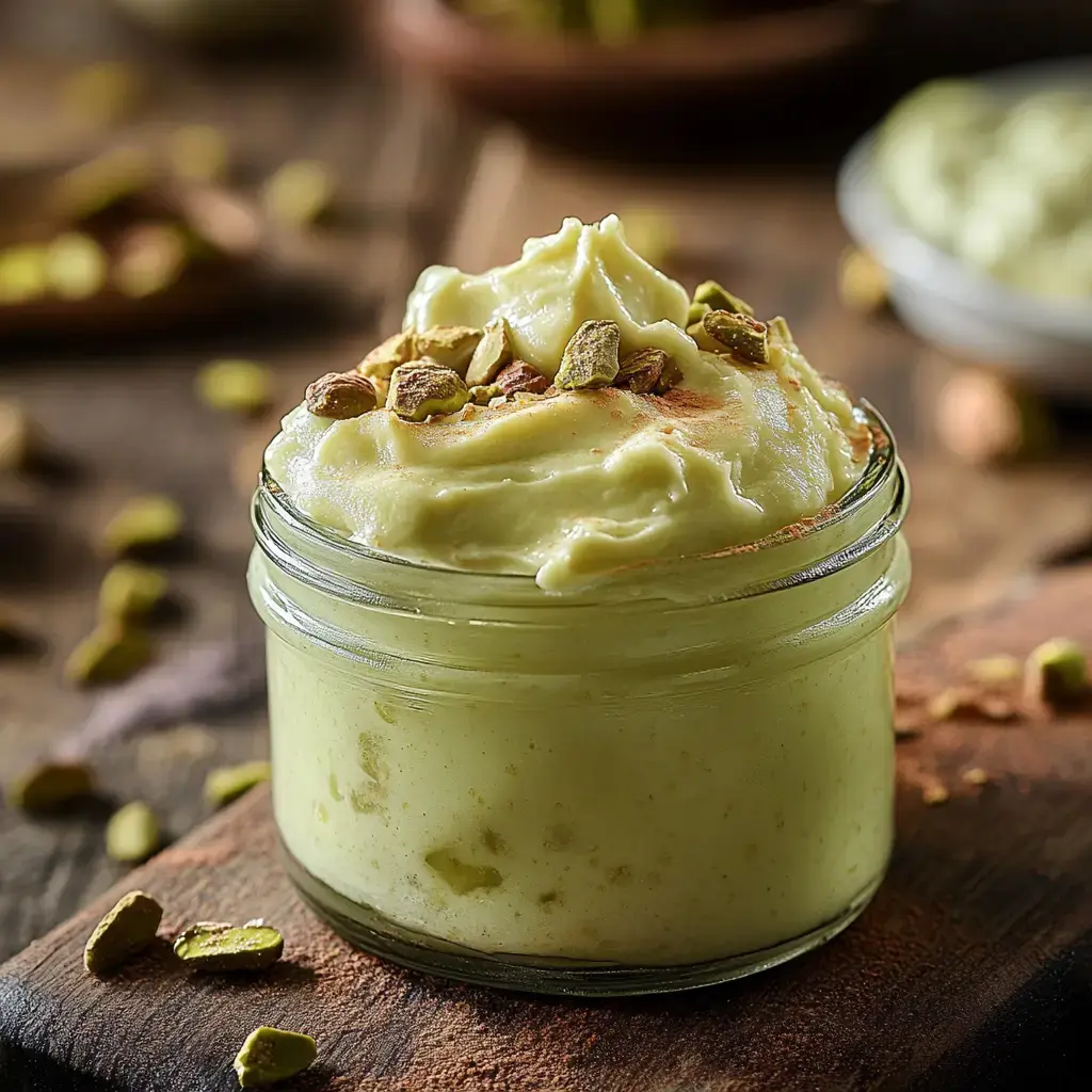 Ein Glas mit cremigem Pistazien-Dessert, garniert mit gehackten Pistazien, steht auf einem rustikalen Holzbrett.