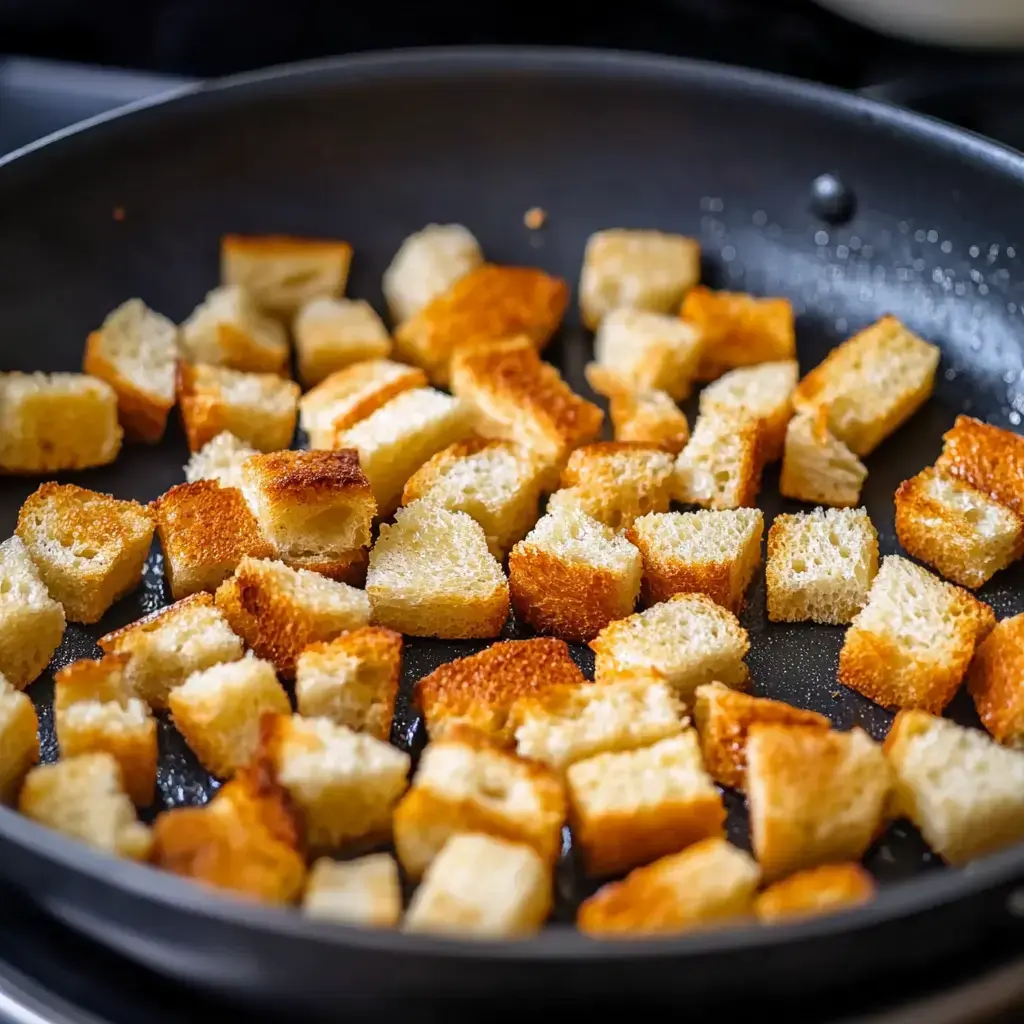 Das Bild zeigt eine Pfanne mit goldbraun gerösteten Brotwürfeln.