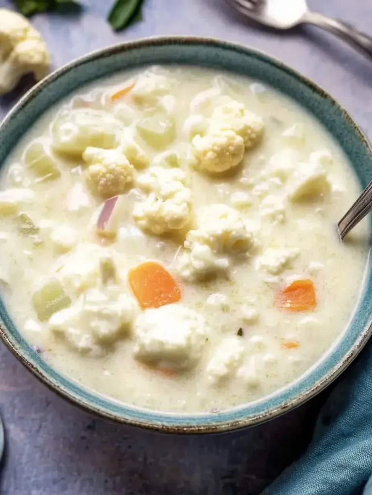 Eine Schüssel mit cremiger Blumenkohlsuppe, durchzogen von buntem Gemüse wie Karotten und Sellerie.