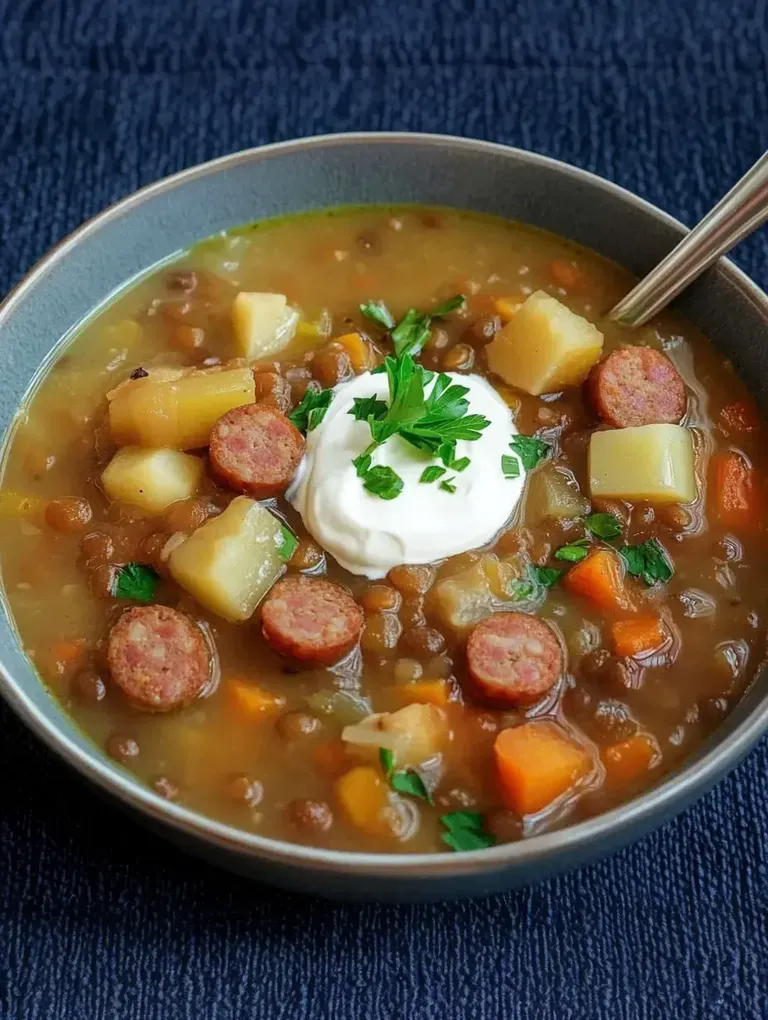 Eine Schüssel Linsensuppe mit Wurstscheiben, Kartoffelstücken, Karotten und einem Klecks saurer Sahne, garniert mit frischer Petersilie.