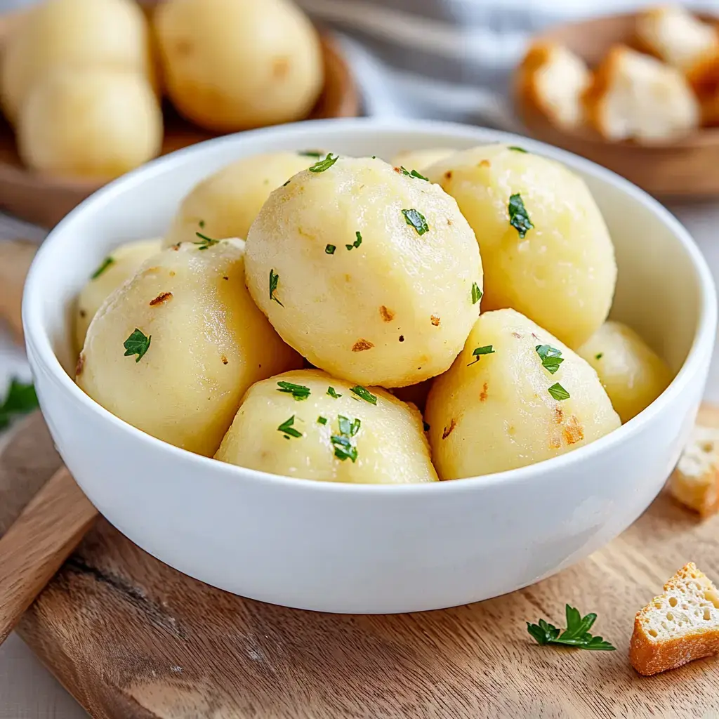 Eine Schüssel mit gekochten Kartoffeln, garniert mit frisch gehackter Petersilie, steht auf einem Holzteller, daneben befinden sich einige Brotwürfel.