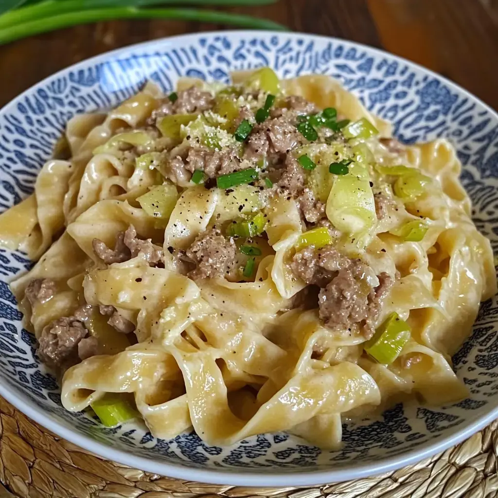 Ein Teller frischer Tagliatelle mit Hackfleisch, Frühlingszwiebeln und Parmesan in einer cremigen Soße.